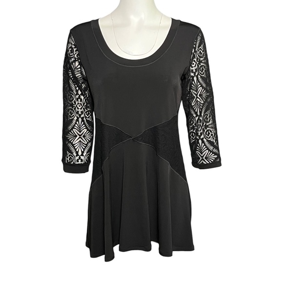 EVA VARRO  Slinky Stretch Tunic Top Solid Black Lace Trim 3/4 Sleeve Size L - Picture 1 of 6